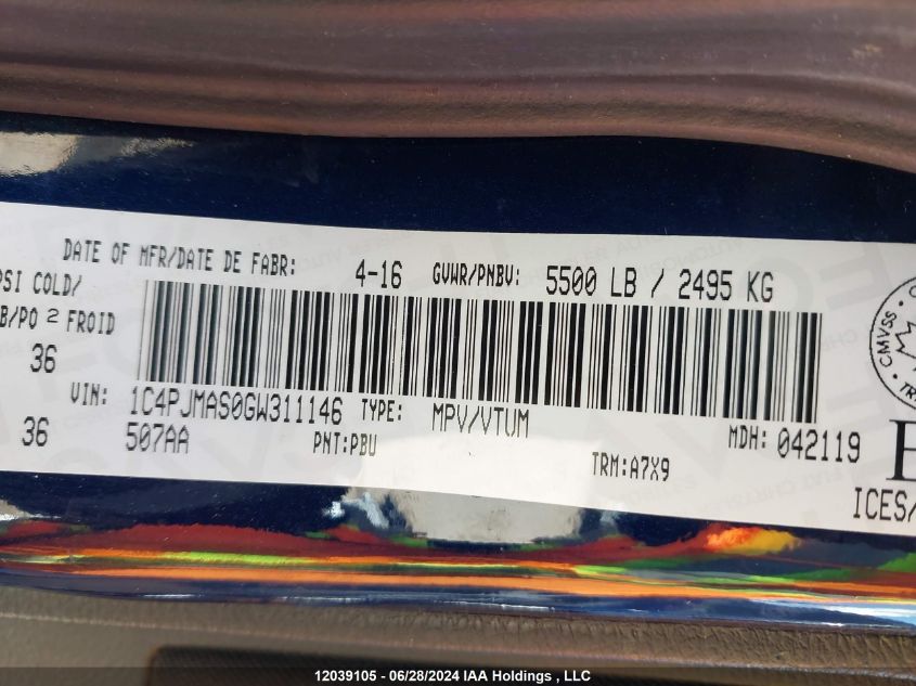 2016 Jeep Cherokee Sport VIN: 1C4PJMAS0GW311146 Lot: 12039105