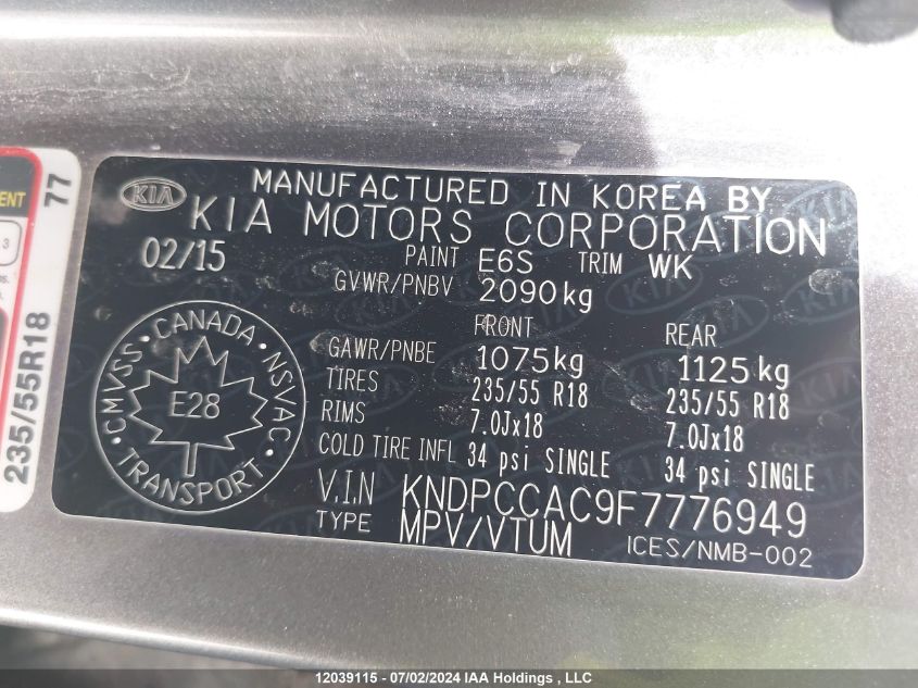 2015 Kia Sportage VIN: KNDPCCAC9F7776949 Lot: 12039115