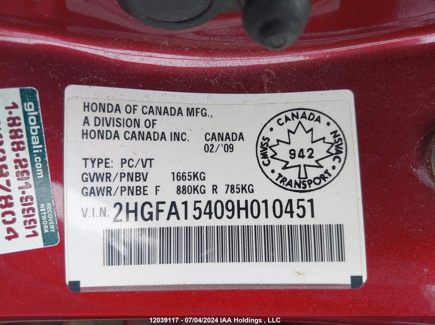 2009 Honda Civic Sdn VIN: 2HGFA15409H010451 Lot: 12039117