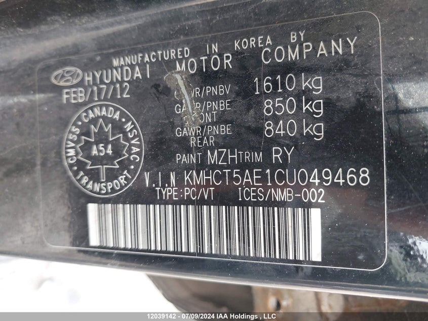 2012 Hyundai Accent Gl VIN: KMHCT5AE1CU049468 Lot: 12039142
