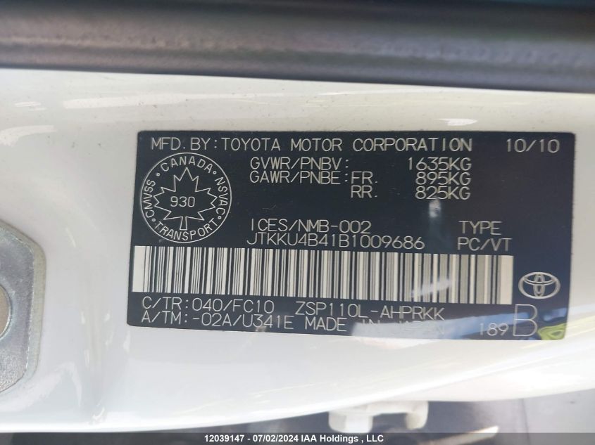 2011 Scion Xd VIN: JTKKU4B41B1009686 Lot: 12039147