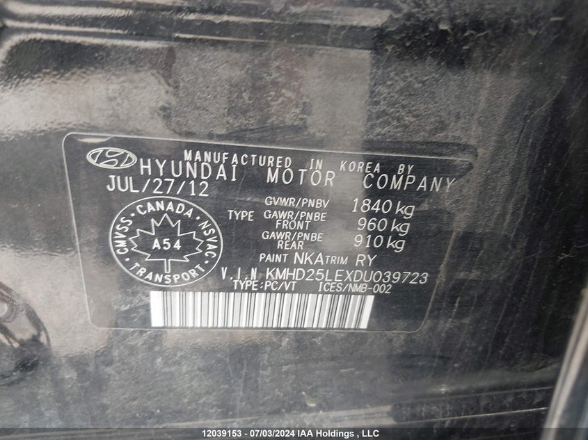 2013 Hyundai Elantra VIN: KMHD25LEXDU039723 Lot: 12039153