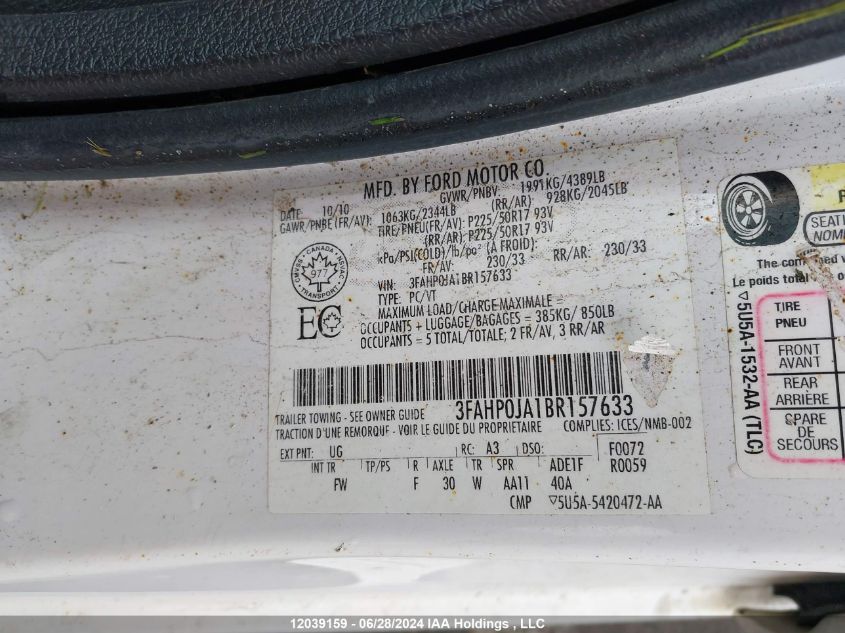 2011 Ford Fusion Sel VIN: 3FAHP0JA1BR157633 Lot: 12039159