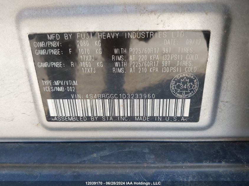 2013 Subaru Outback 2.5I Premium VIN: 4S4BRGGC1D3233960 Lot: 12039170