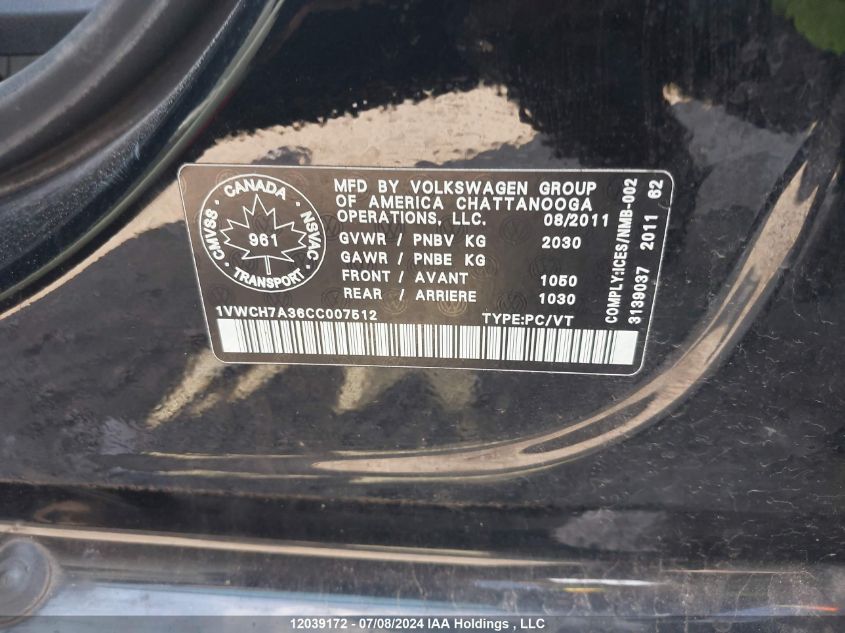 2012 Volkswagen Passat VIN: 1VWCH7A36CC007512 Lot: 12039172