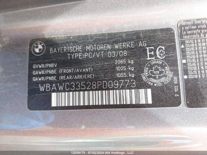 2008 BMW 328 Xi VIN: WBAWC33528PD09773 Lot: 12039175