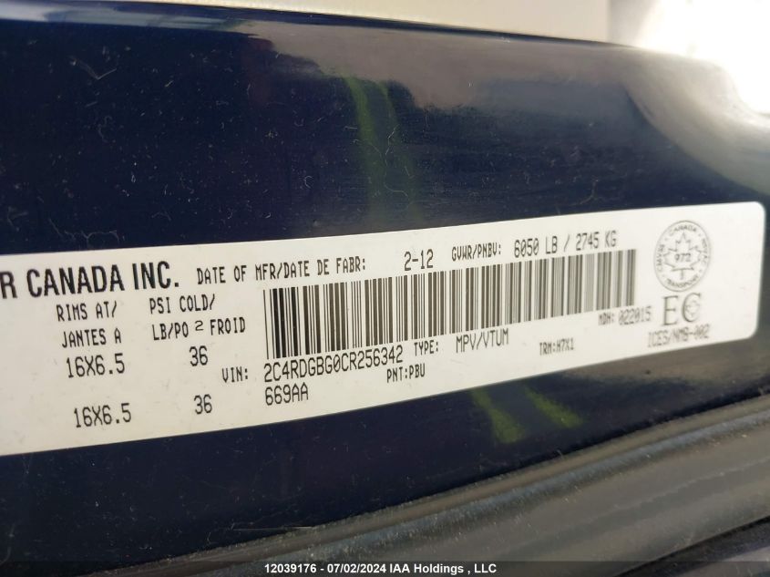 2012 Dodge Grand Caravan Se/Sxt VIN: 2C4RDGBG0CR256342 Lot: 12039176