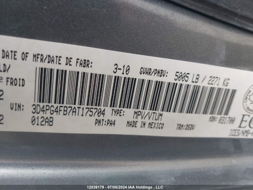 2010 Dodge Journey Se VIN: 3D4PG4FB7AT175704 Lot: 12039179