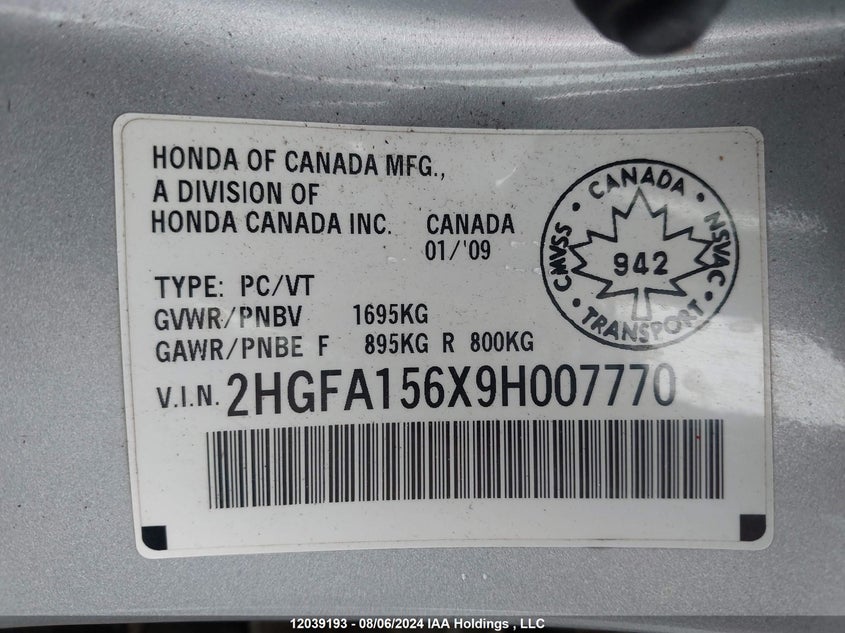 2009 Honda Civic VIN: 2HGFA156X9H007770 Lot: 12039193