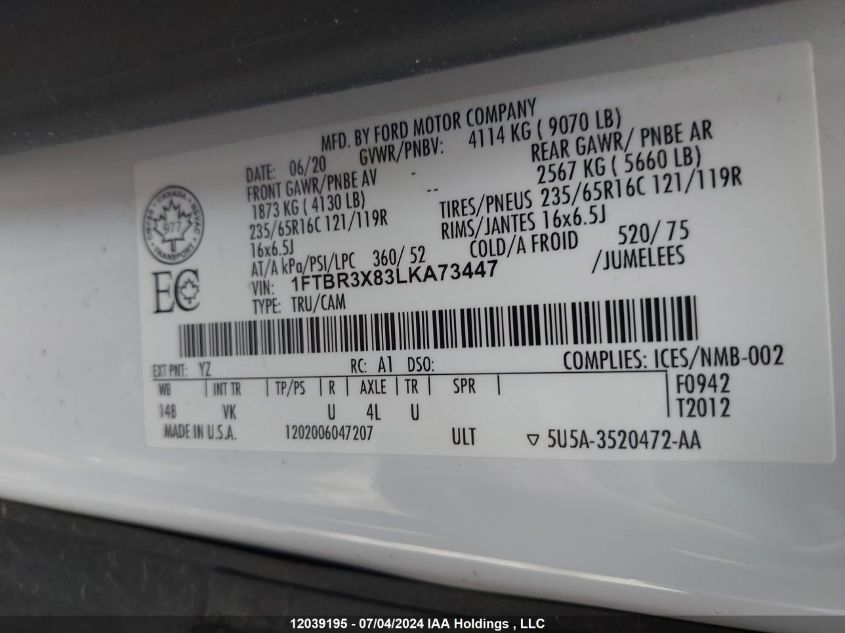 2020 Ford Transit T-250 VIN: 1FTBR3X83LKA73447 Lot: 12039195