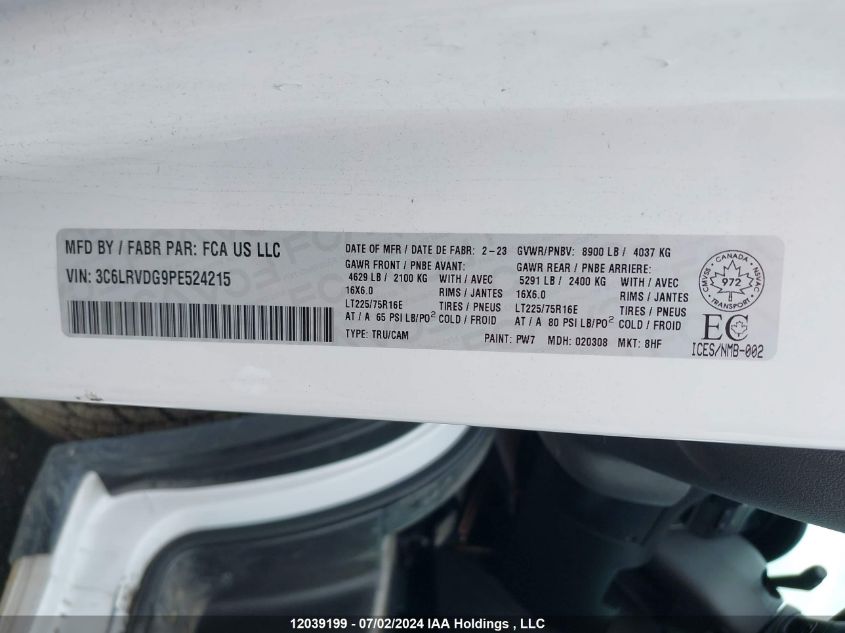 2023 Ram Promaster 2500 High Roof 159 In. Wb VIN: 3C6LRVDG9PE524215 Lot: 12039199