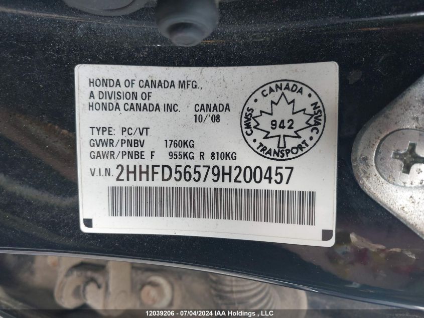 2009 Acura Csx VIN: 2HHFD56579H200457 Lot: 12039206