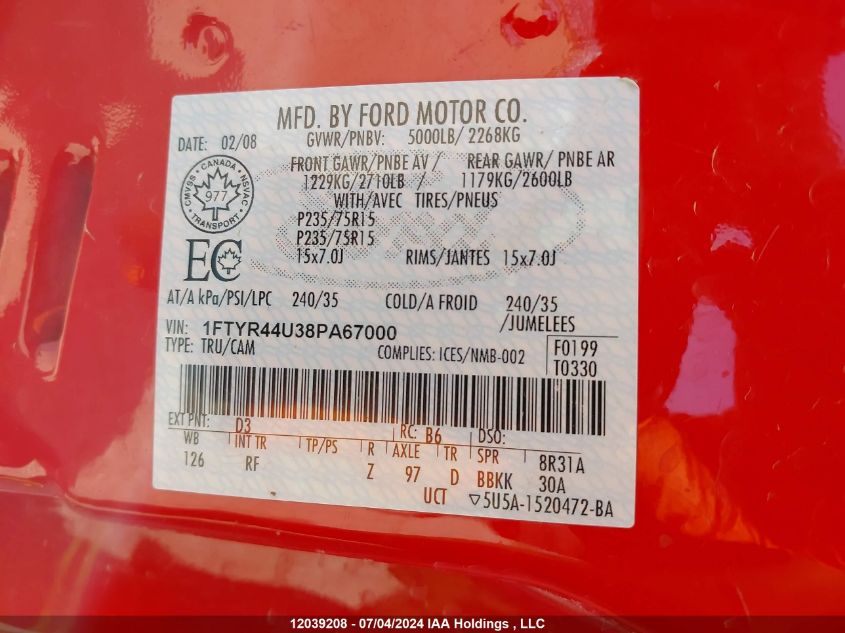 2008 Ford Ranger VIN: 1FTYR44U38PA67000 Lot: 12039208