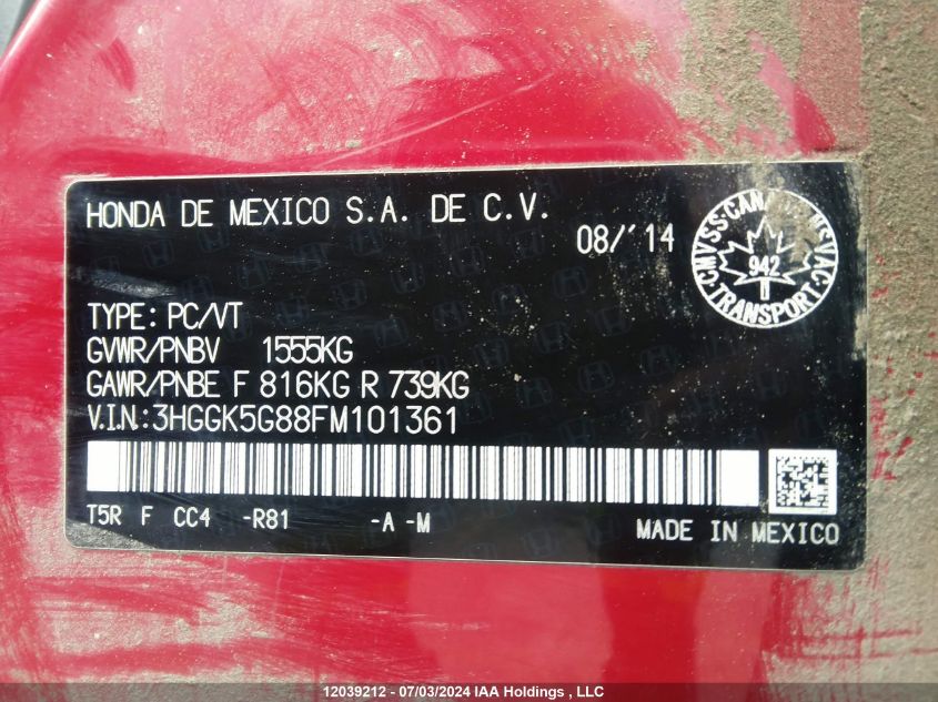 2015 Honda Fit Ex/Exl VIN: 3HGGK5G88FM101361 Lot: 12039212