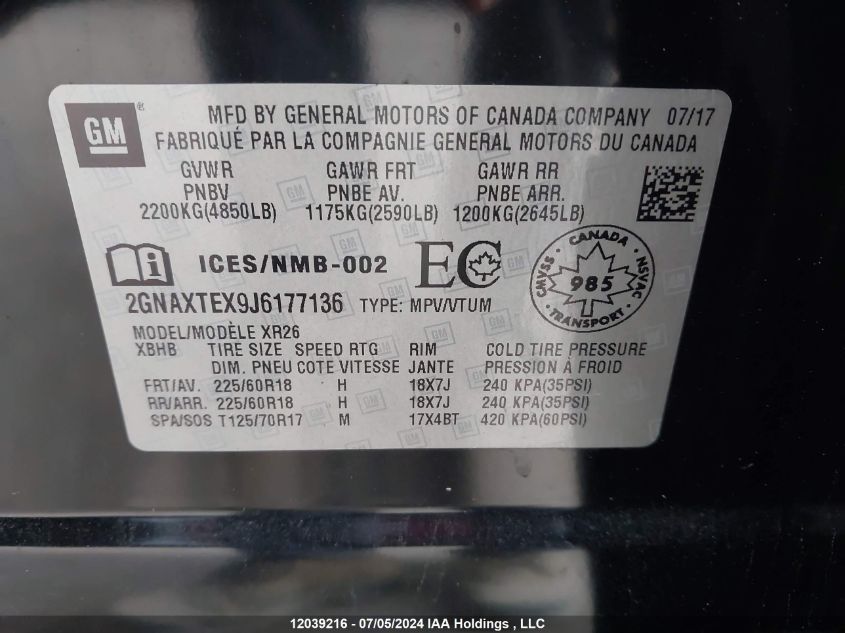 2018 Chevrolet Equinox VIN: 2GNAXTEX9J6177136 Lot: 12039216