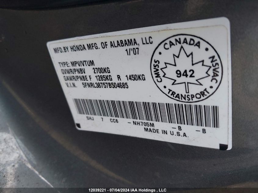 2007 Honda Odyssey VIN: 5FNRL38757B504685 Lot: 12039221