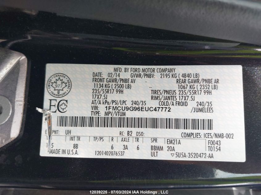 2014 Ford Escape Se VIN: 1FMCU9G96EUC47772 Lot: 12039225