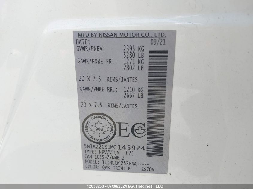 2021 Nissan Murano Sl VIN: 5N1AZ2CS1MC145924 Lot: 12039233