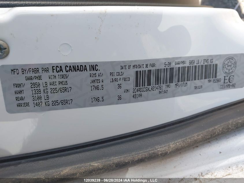 2020 Dodge Grand Caravan Premium Plus VIN: 2C4RDGCGXLR214761 Lot: 12039239