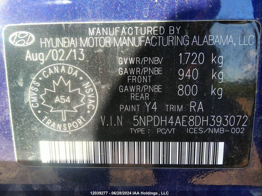 2013 Hyundai Elantra Gl VIN: 5NPDH4AE8DH393072 Lot: 12039277