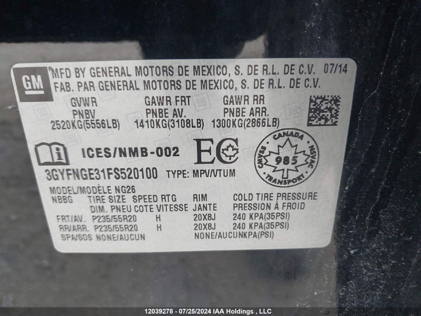 2015 Cadillac Srx VIN: 3GYFNGE31FS520100 Lot: 12039278