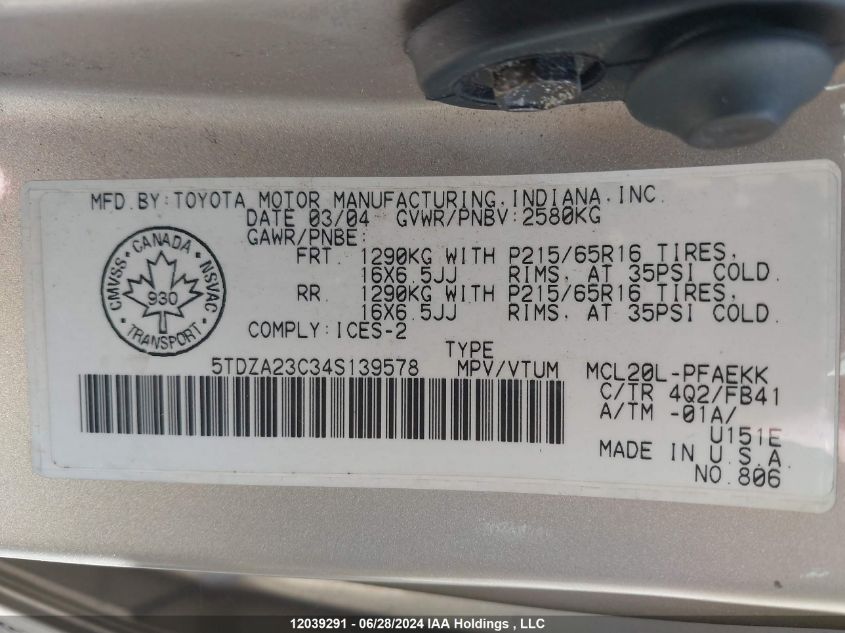 2004 Toyota Sienna Ce/Le VIN: 5TDZA23C34S139578 Lot: 12039291