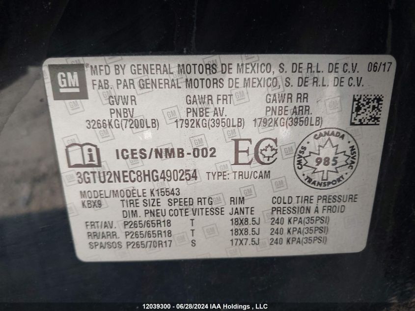 2017 GMC Sierra K1500 Slt VIN: 3GTU2NEC8HG490254 Lot: 12039300