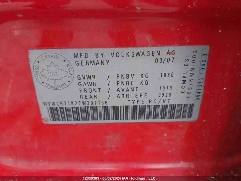 2007 Volkswagen Rabbit VIN: WVWCR71K27W207136 Lot: 12039303