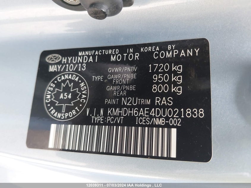 2013 Hyundai Elantra Gls VIN: KMHDH6AE4DU021838 Lot: 12039311