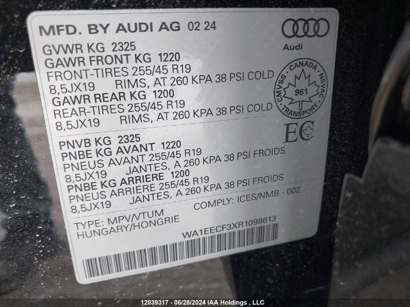 2024 Audi Q3 VIN: WA1EECF3XR1098613 Lot: 12039317