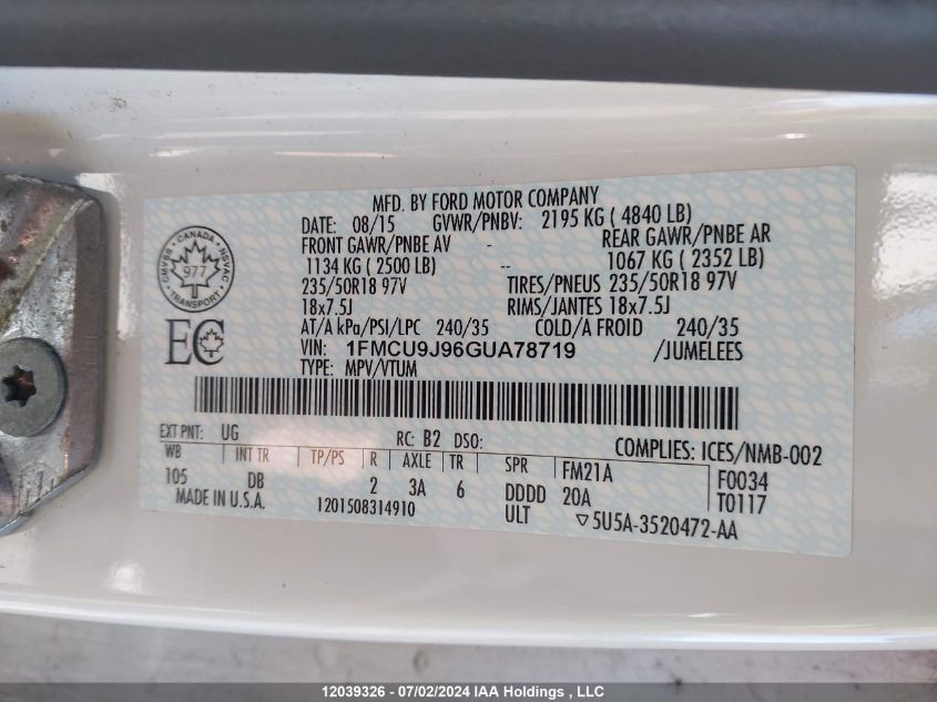 2016 Ford Escape Titanium VIN: 1FMCU9J96GUA78719 Lot: 12039326