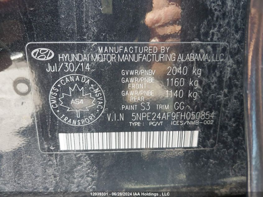 2015 Hyundai Sonata Gl VIN: 5NPE24AF9FH050854 Lot: 12039331