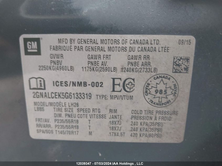 2016 Chevrolet Equinox VIN: 2GNALCEK5G6133319 Lot: 12039347