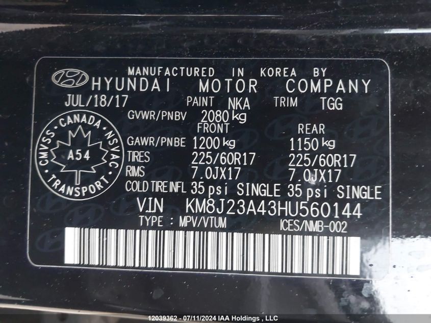 2017 Hyundai Tucson Se VIN: KM8J23A43HU560144 Lot: 12039362