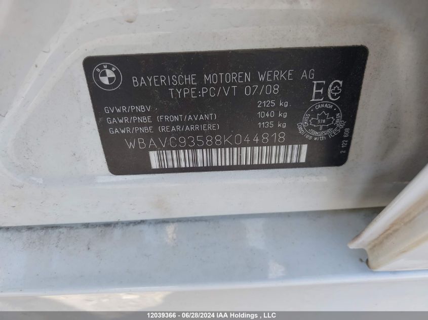 2008 BMW 3 Series 328Xi VIN: WBAVC93588K044818 Lot: 12039366