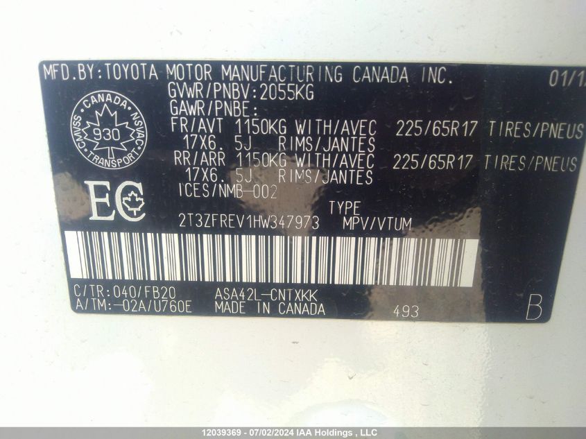 2017 Toyota Rav4 VIN: 2T3ZFREV1HW347973 Lot: 12039369