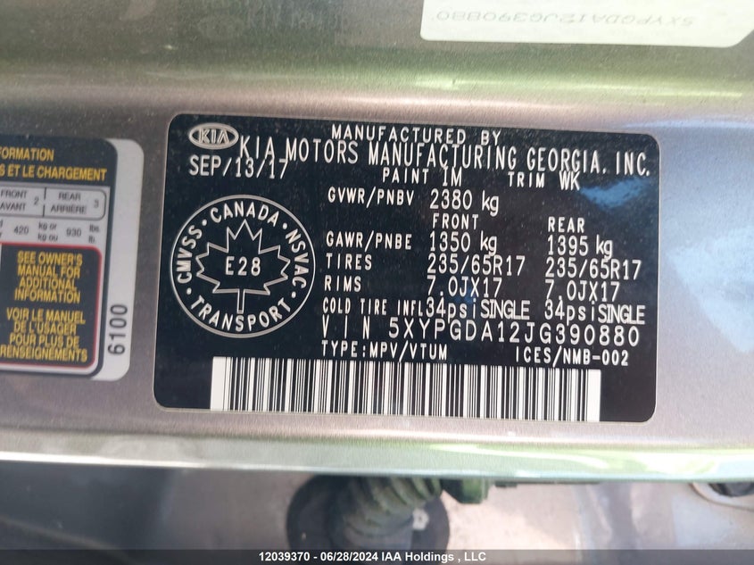 2018 Kia Sorento VIN: 5XYPGDA12JG390880 Lot: 12039370