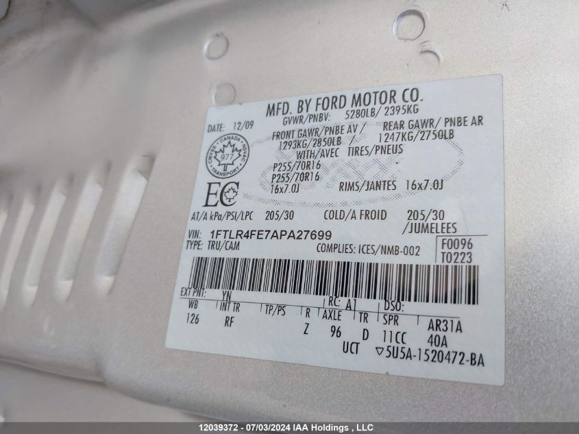 2010 Ford Ranger Super Cab VIN: 1FTLR4FE7APA27699 Lot: 12039372