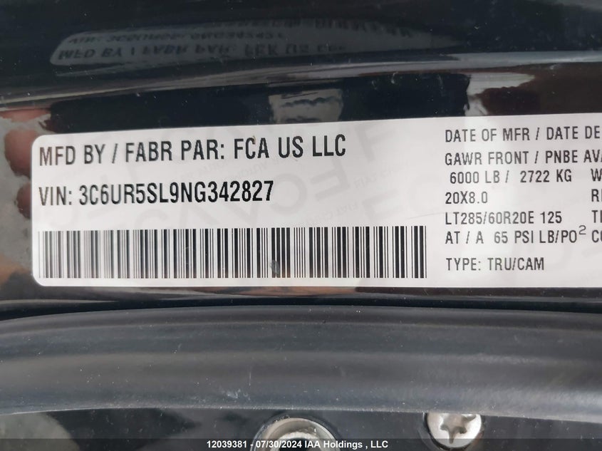 2022 Dodge Ram 2500 VIN: 3C6UR5SL9NG342827 Lot: 12039381