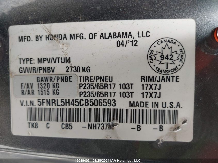 2012 Honda Odyssey VIN: 5FNRL5H45CB506593 Lot: 12039403