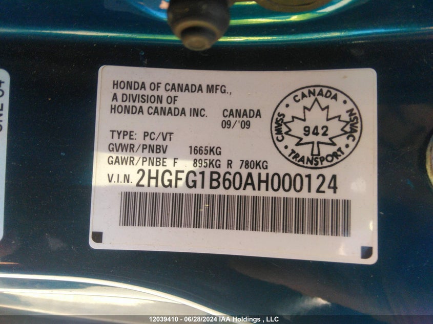 2010 Honda Civic VIN: 2HGFG1B60AH000124 Lot: 12039410