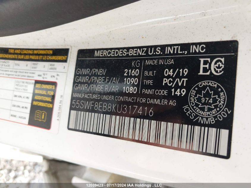 2019 Mercedes-Benz C-Class VIN: 55SWF8EB8KU317416 Lot: 12039423