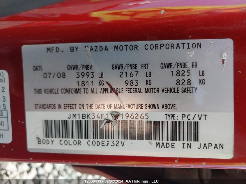 2009 Mazda 3 I VIN: JM1BK34F191196265 Lot: 12039433