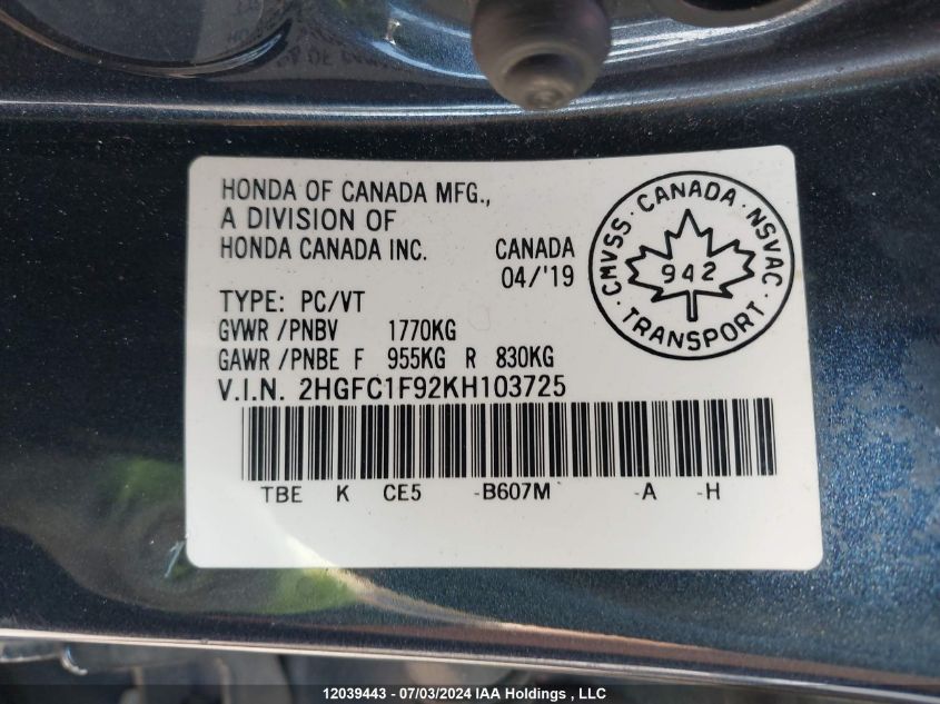 2019 Honda Civic Sedan VIN: 2HGFC1F92KH103725 Lot: 12039443