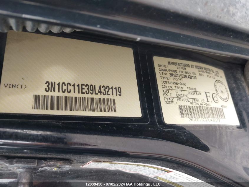 2009 Nissan Versa 1.6 Base VIN: 3N1CC11E39L432119 Lot: 12039450