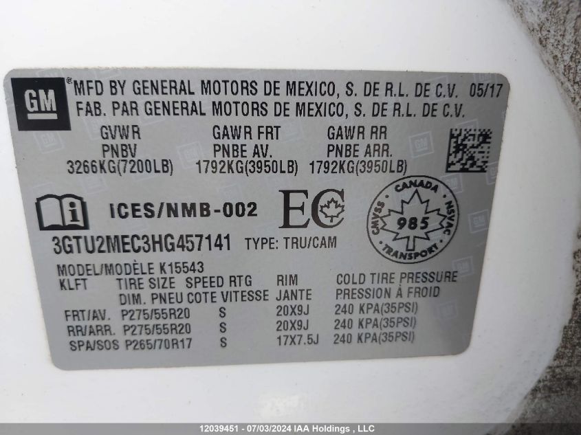 2017 GMC Sierra 1500 VIN: 3GTU2MEC3HG457141 Lot: 12039451