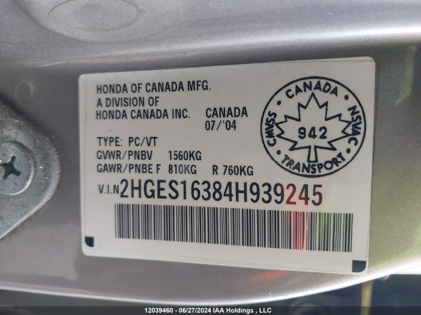 2004 Honda Civic Sdn VIN: 2HGES16384H939245 Lot: 12039460