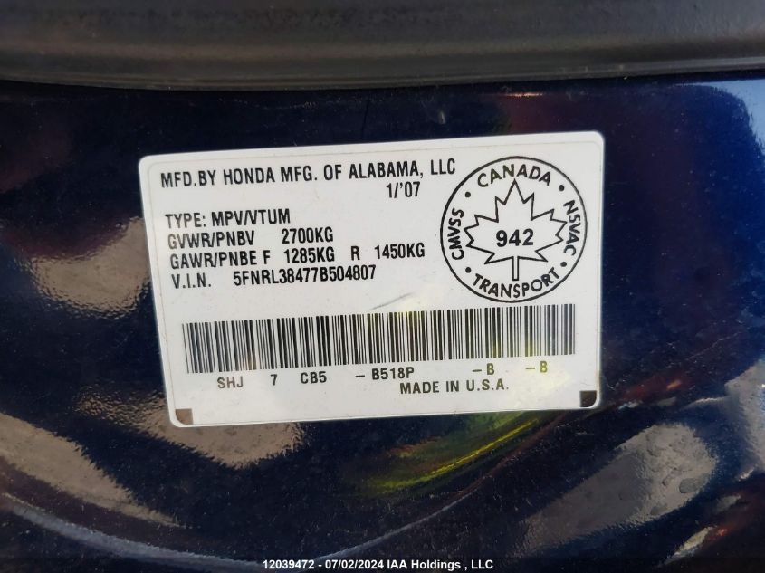 2007 Honda Odyssey VIN: 5FNRL38477B504807 Lot: 12039472