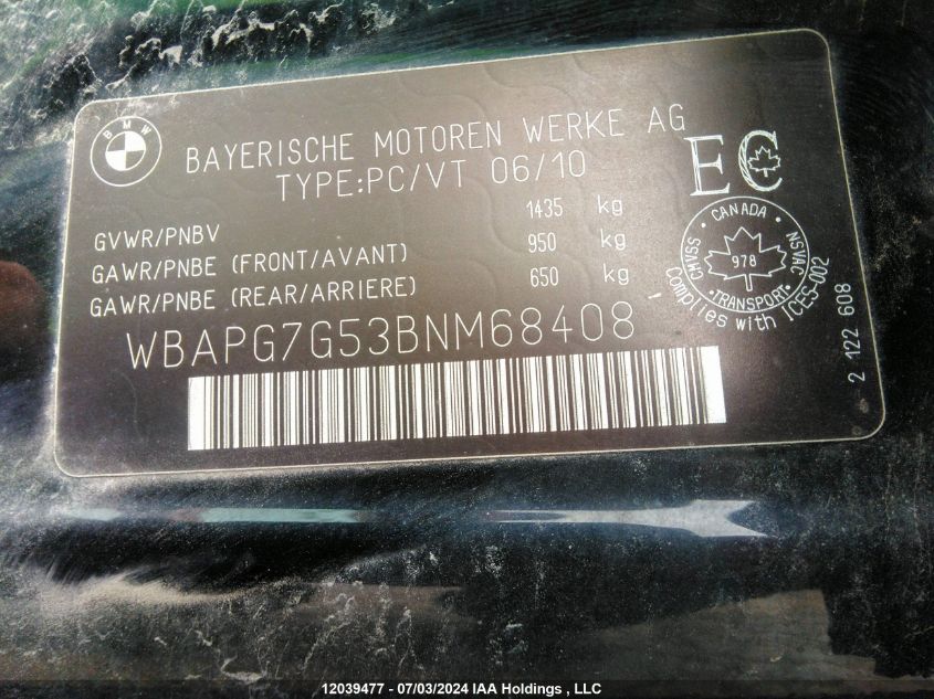 2011 BMW 3 Series VIN: WBAPG7G53BNM68408 Lot: 12039477