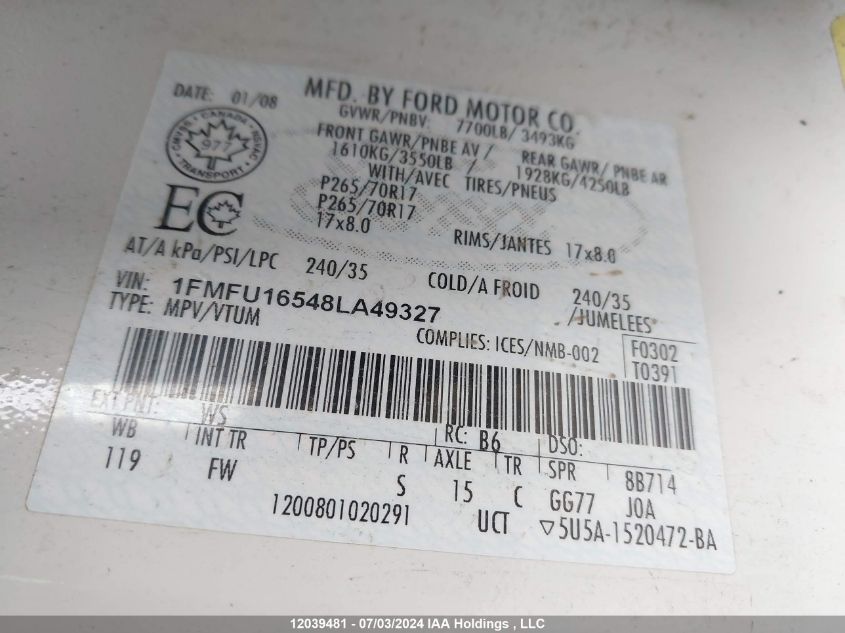 2008 Ford Expedition Xlt VIN: 1FMFU16548LA49327 Lot: 12039481